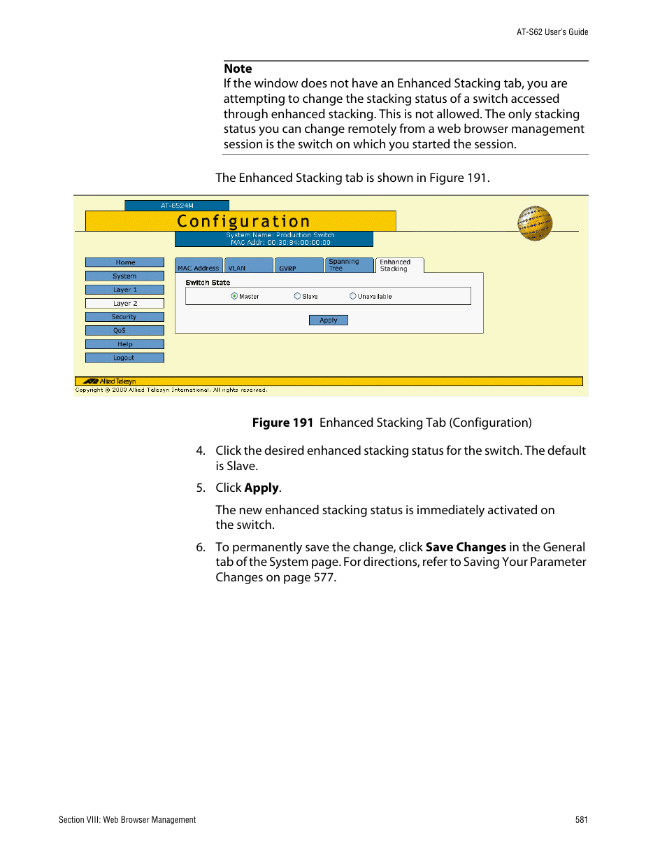 Figure 191: enhanced stacking tab (configuration) | Allied Telesis AT-S62 User Manual | Page 581 / 862