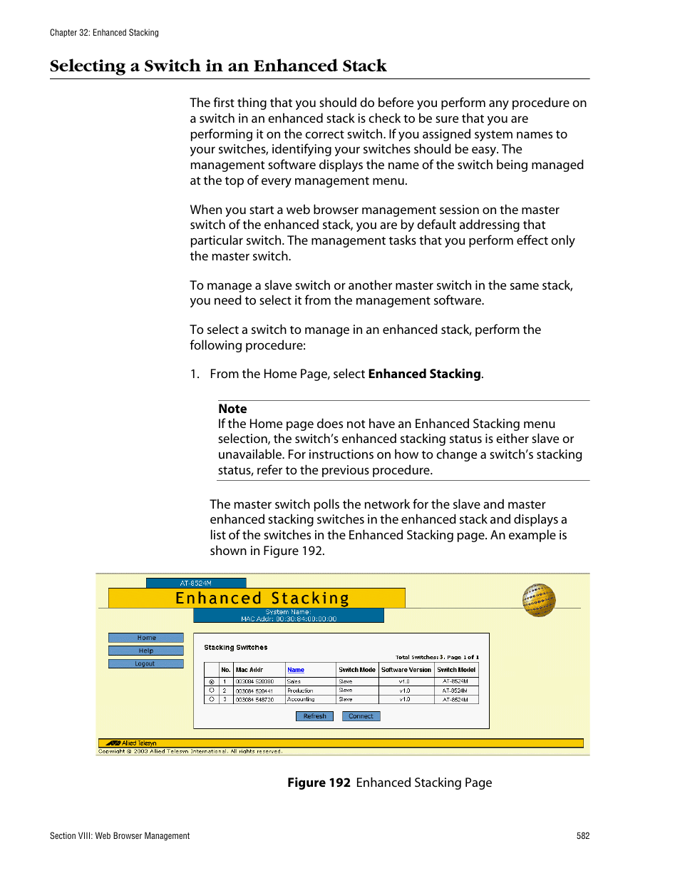 Selecting a switch in an enhanced stack | Allied Telesis AT-S62 User Manual | Page 582 / 862