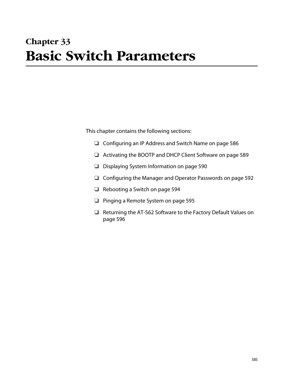 Chapter 33, Basic switch parameters, Chapter 33 basic switch parameters | Allied Telesis AT-S62 User Manual | Page 585 / 862