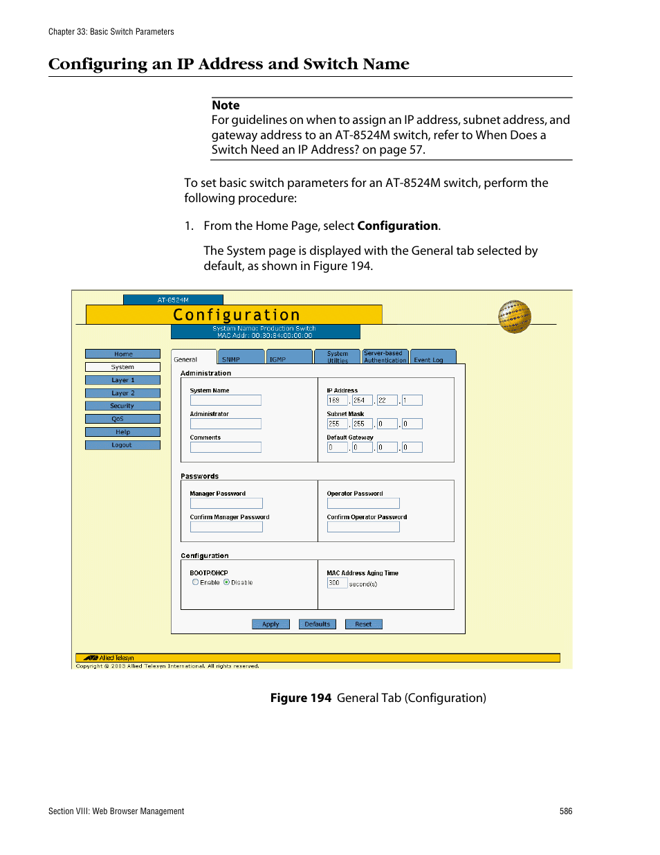 Configuring an ip address and switch name, Figure 194: general tab (configuration) | Allied Telesis AT-S62 User Manual | Page 586 / 862