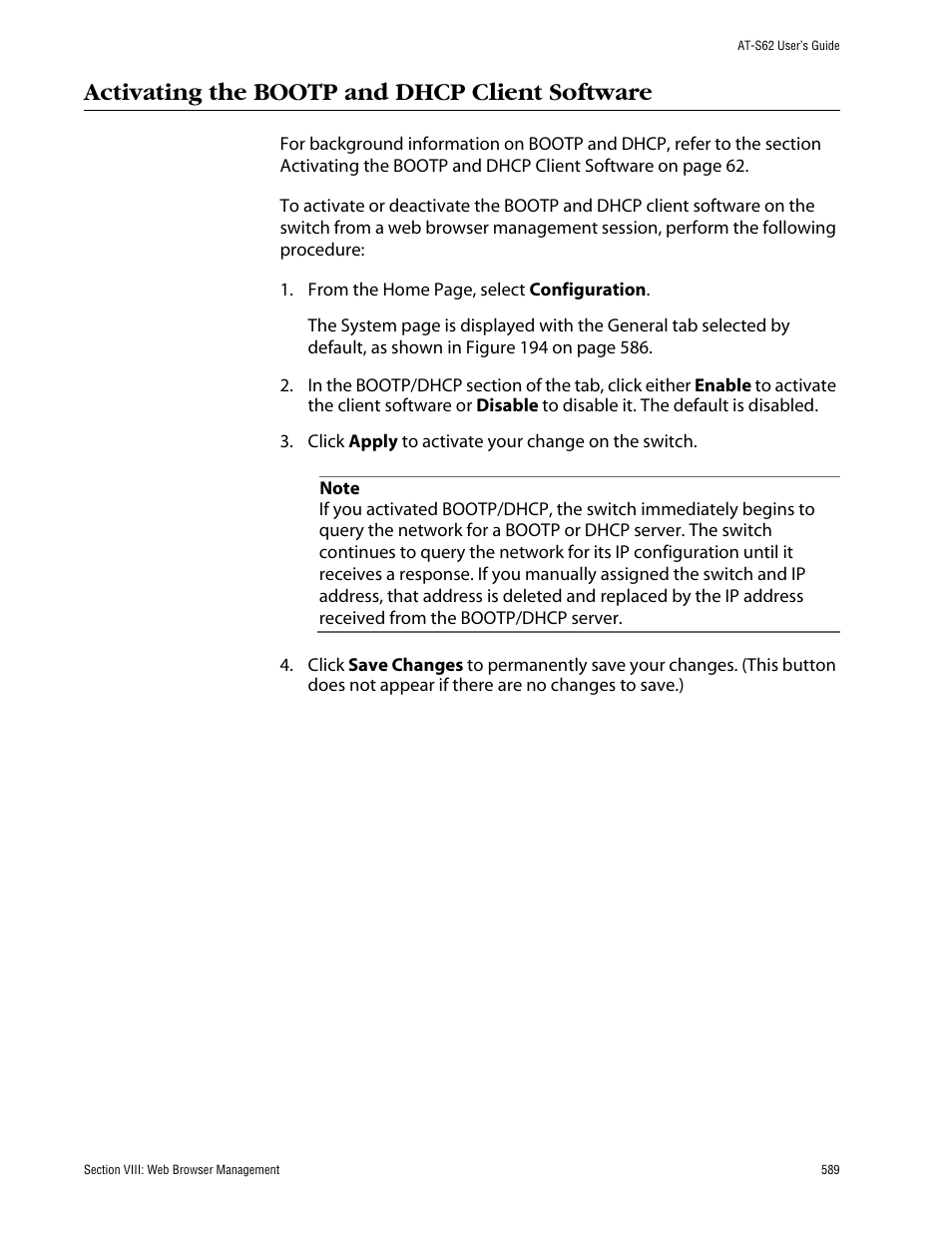 Activating the bootp and dhcp client software | Allied Telesis AT-S62 User Manual | Page 589 / 862