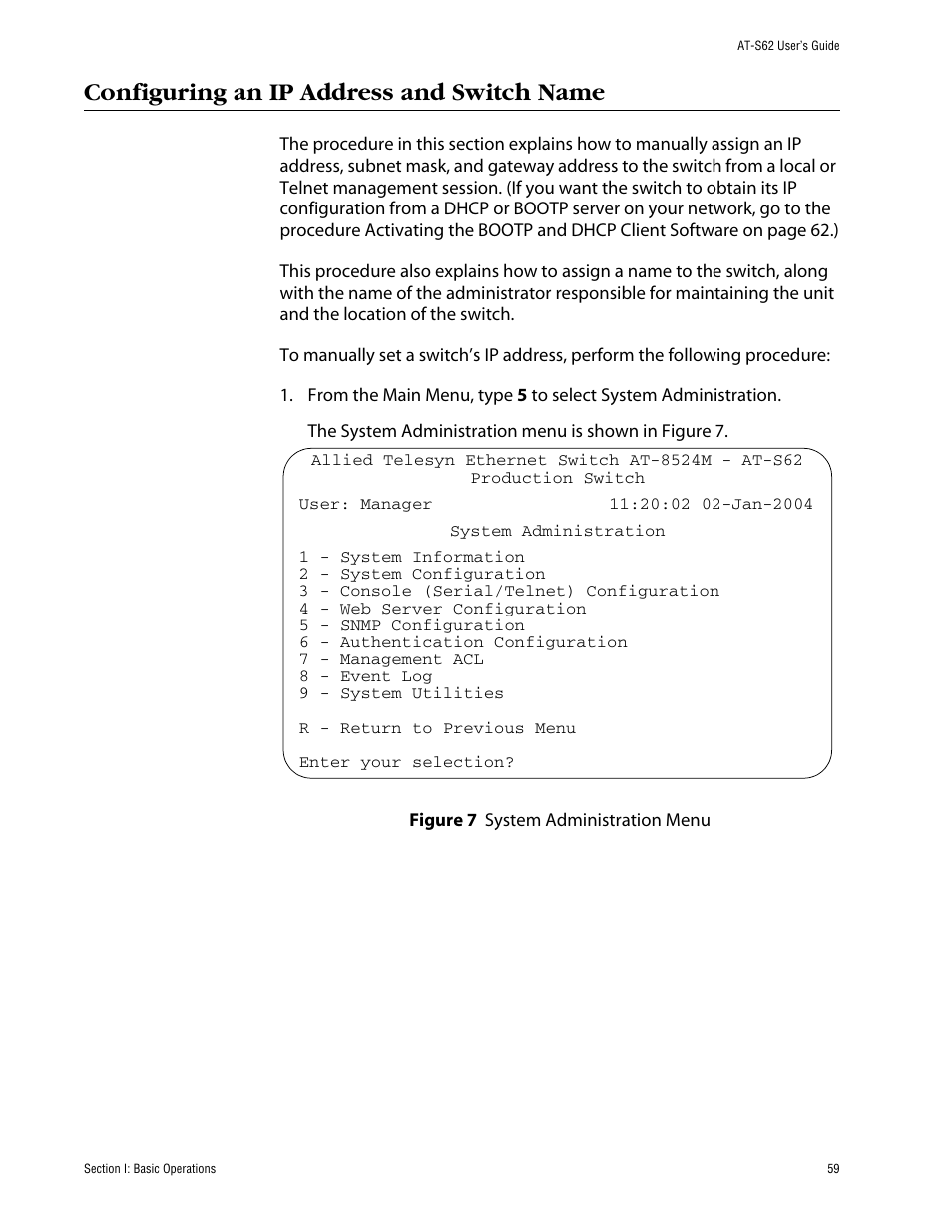 Configuring an ip address and switch name, Figure 7: system administration menu | Allied Telesis AT-S62 User Manual | Page 59 / 862