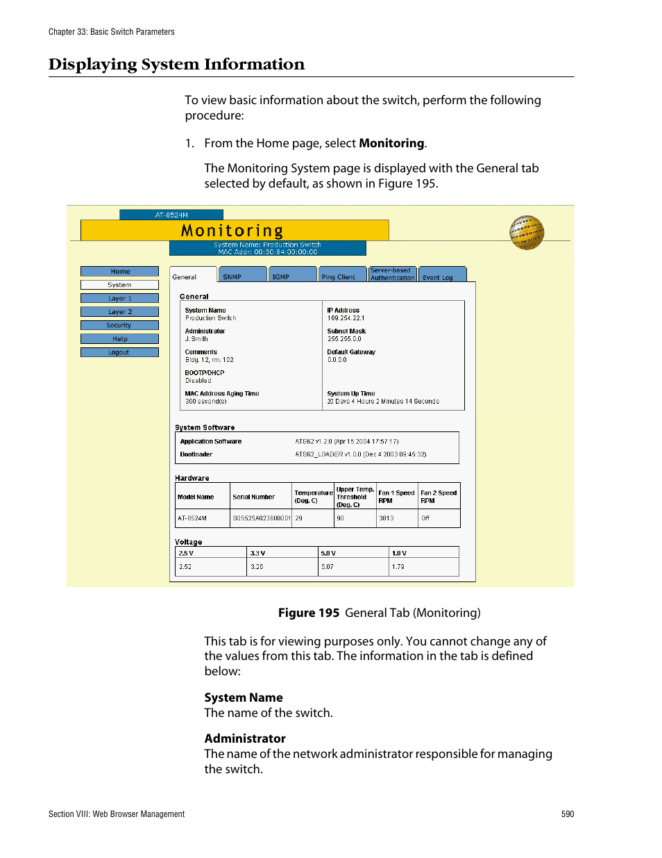 Displaying system information, Figure 195: general tab (monitoring) | Allied Telesis AT-S62 User Manual | Page 590 / 862