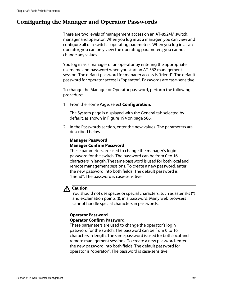 Configuring the manager and operator passwords | Allied Telesis AT-S62 User Manual | Page 592 / 862