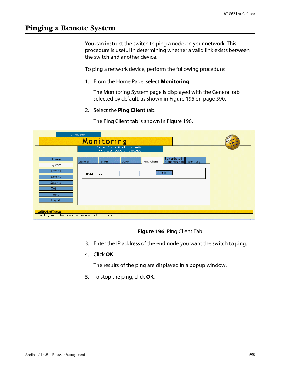 Pinging a remote system, Figure 196: ping client tab | Allied Telesis AT-S62 User Manual | Page 595 / 862