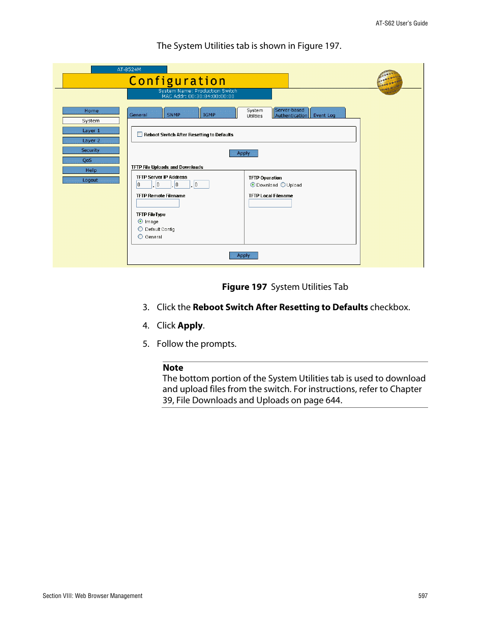 Figure 197: system utilities tab | Allied Telesis AT-S62 User Manual | Page 597 / 862