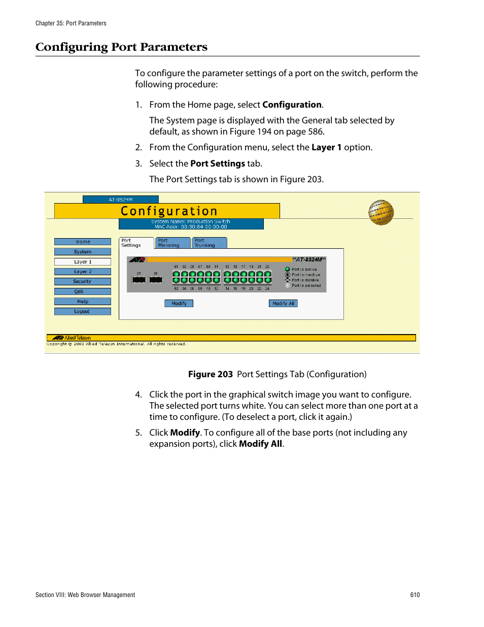 Configuring port parameters, Figure 203: port settings tab (configuration) | Allied Telesis AT-S62 User Manual | Page 610 / 862