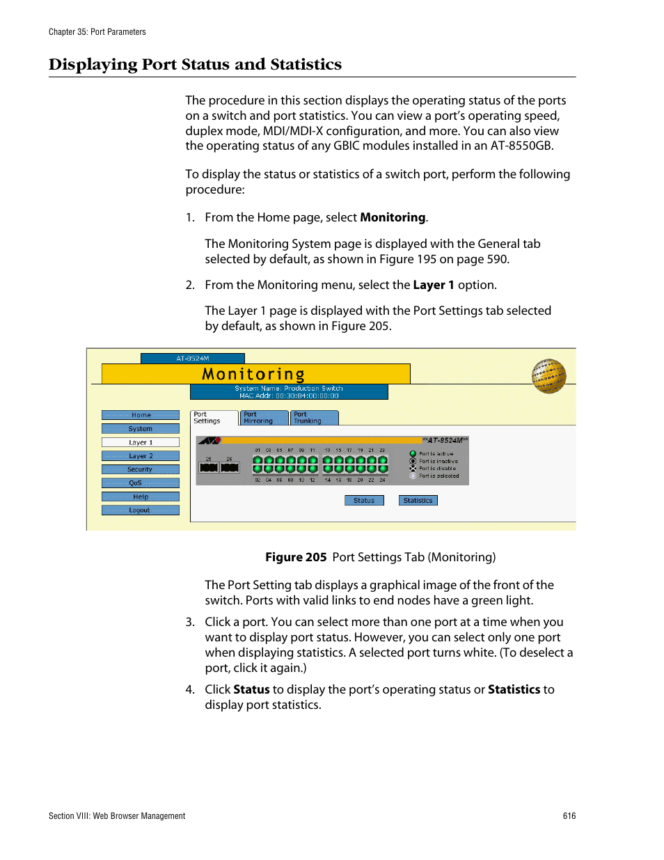 Displaying port status and statistics, Figure 205: port settings tab (monitoring) | Allied Telesis AT-S62 User Manual | Page 616 / 862