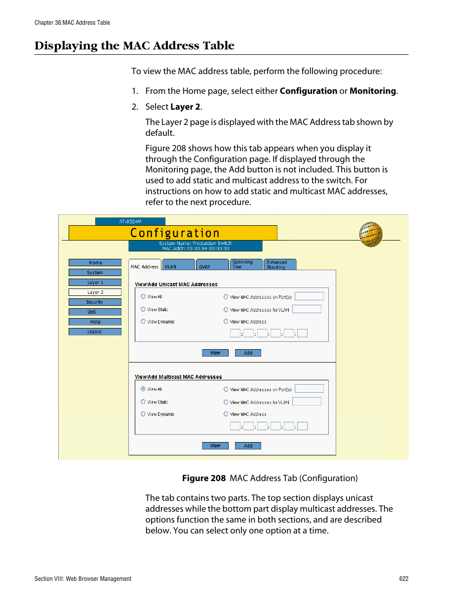Displaying the mac address table, Figure 208: mac address tab (configuration) | Allied Telesis AT-S62 User Manual | Page 622 / 862