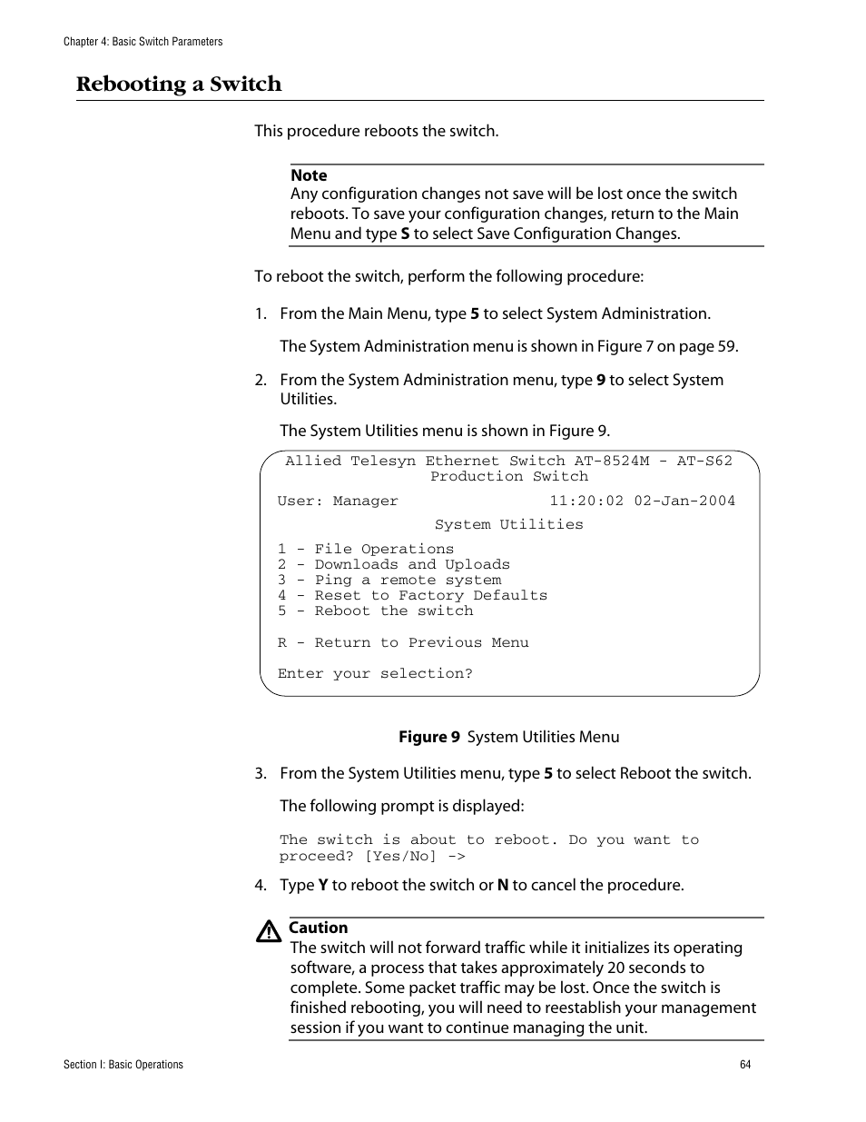 Rebooting a switch, Figure 9: system utilities menu | Allied Telesis AT-S62 User Manual | Page 64 / 862