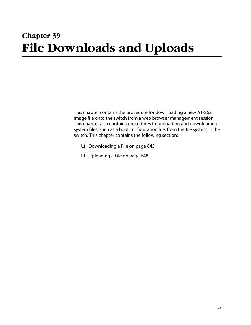 Chapter 39, File downloads and uploads, Chapter 39 file downloads and uploads | Allied Telesis AT-S62 User Manual | Page 644 / 862