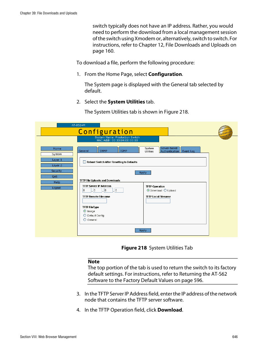 Figure 218: system utilities tab | Allied Telesis AT-S62 User Manual | Page 646 / 862