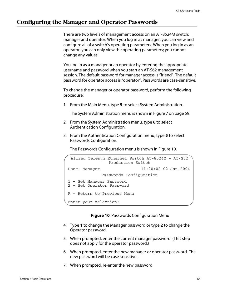 Configuring the manager and operator passwords, Figure 10: passwords configuration menu | Allied Telesis AT-S62 User Manual | Page 65 / 862