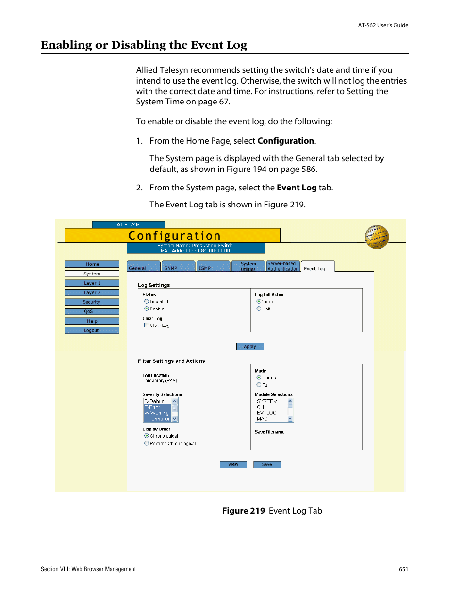 Enabling or disabling the event log, Figure 219: event log tab | Allied Telesis AT-S62 User Manual | Page 651 / 862