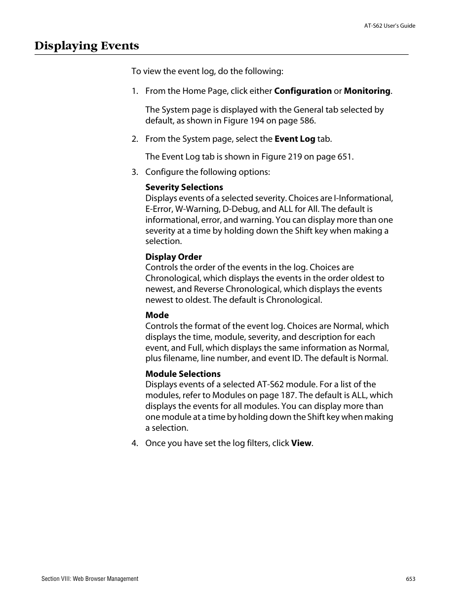 Displaying events | Allied Telesis AT-S62 User Manual | Page 653 / 862