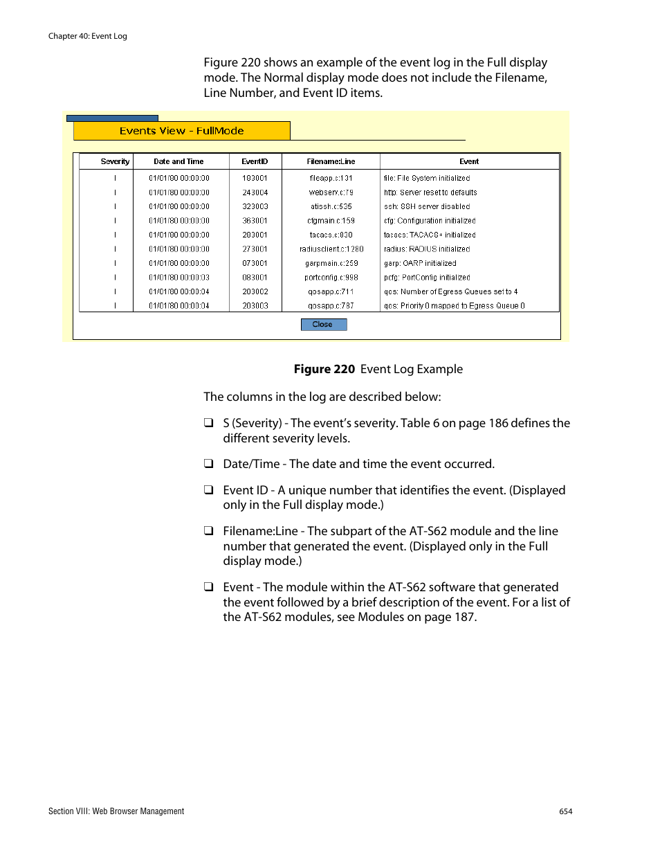 Figure 220: event log example | Allied Telesis AT-S62 User Manual | Page 654 / 862