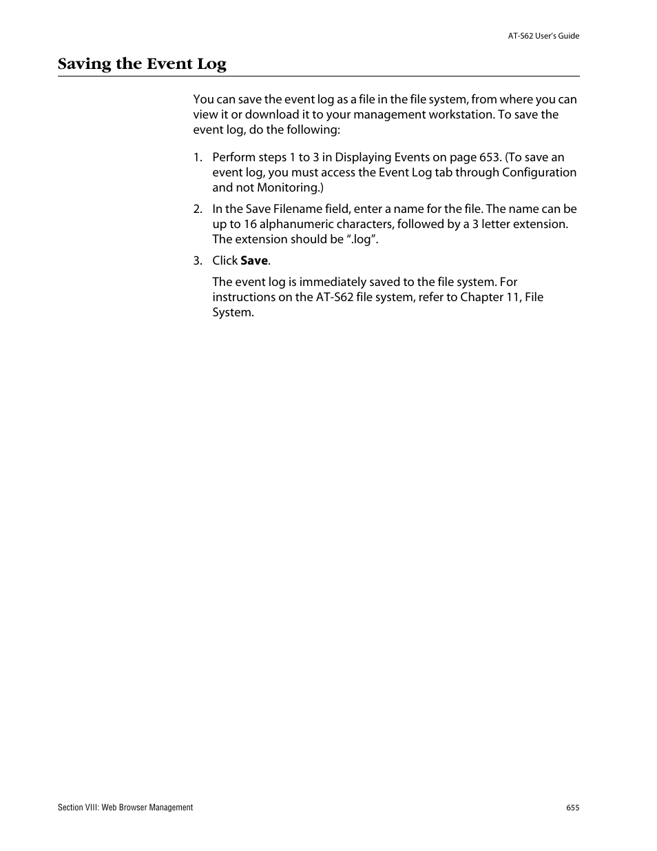 Saving the event log | Allied Telesis AT-S62 User Manual | Page 655 / 862
