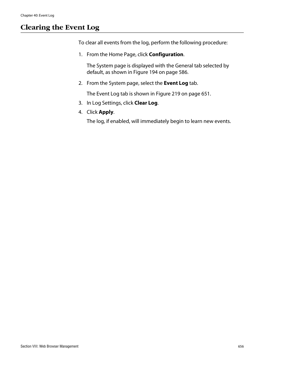 Clearing the event log | Allied Telesis AT-S62 User Manual | Page 656 / 862