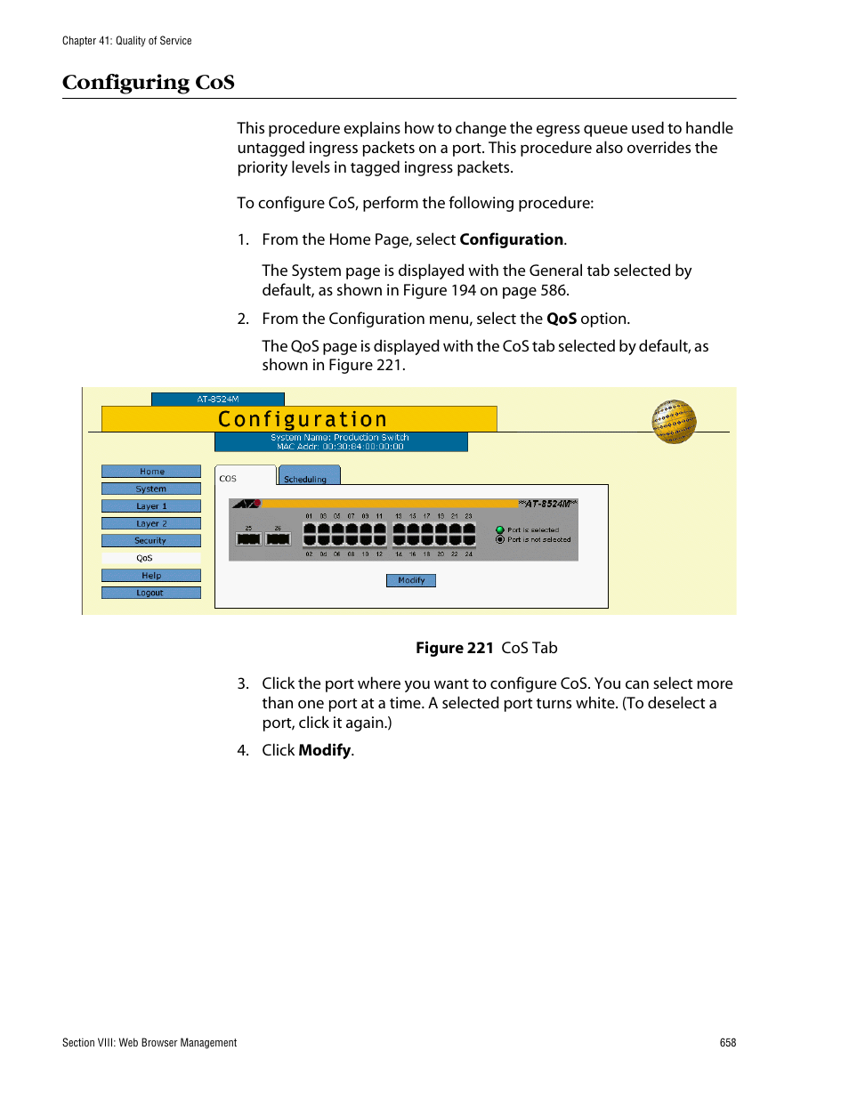 Configuring cos, Figure 221: cos tab | Allied Telesis AT-S62 User Manual | Page 658 / 862