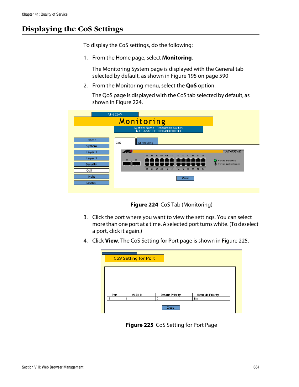 Displaying the cos settings | Allied Telesis AT-S62 User Manual | Page 664 / 862