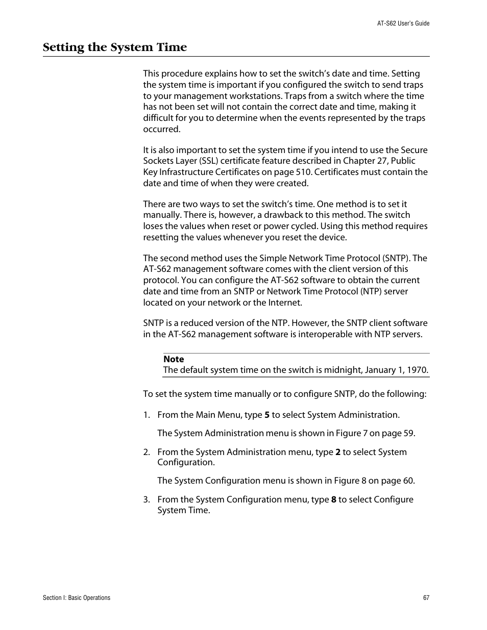 Setting the system time | Allied Telesis AT-S62 User Manual | Page 67 / 862