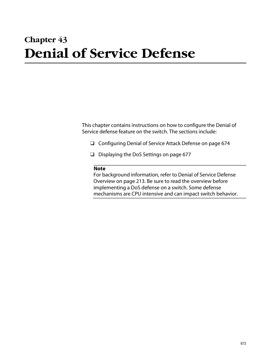 Chapter 43, Denial of service defense, Chapter 43 denial of service defense | Allied Telesis AT-S62 User Manual | Page 673 / 862