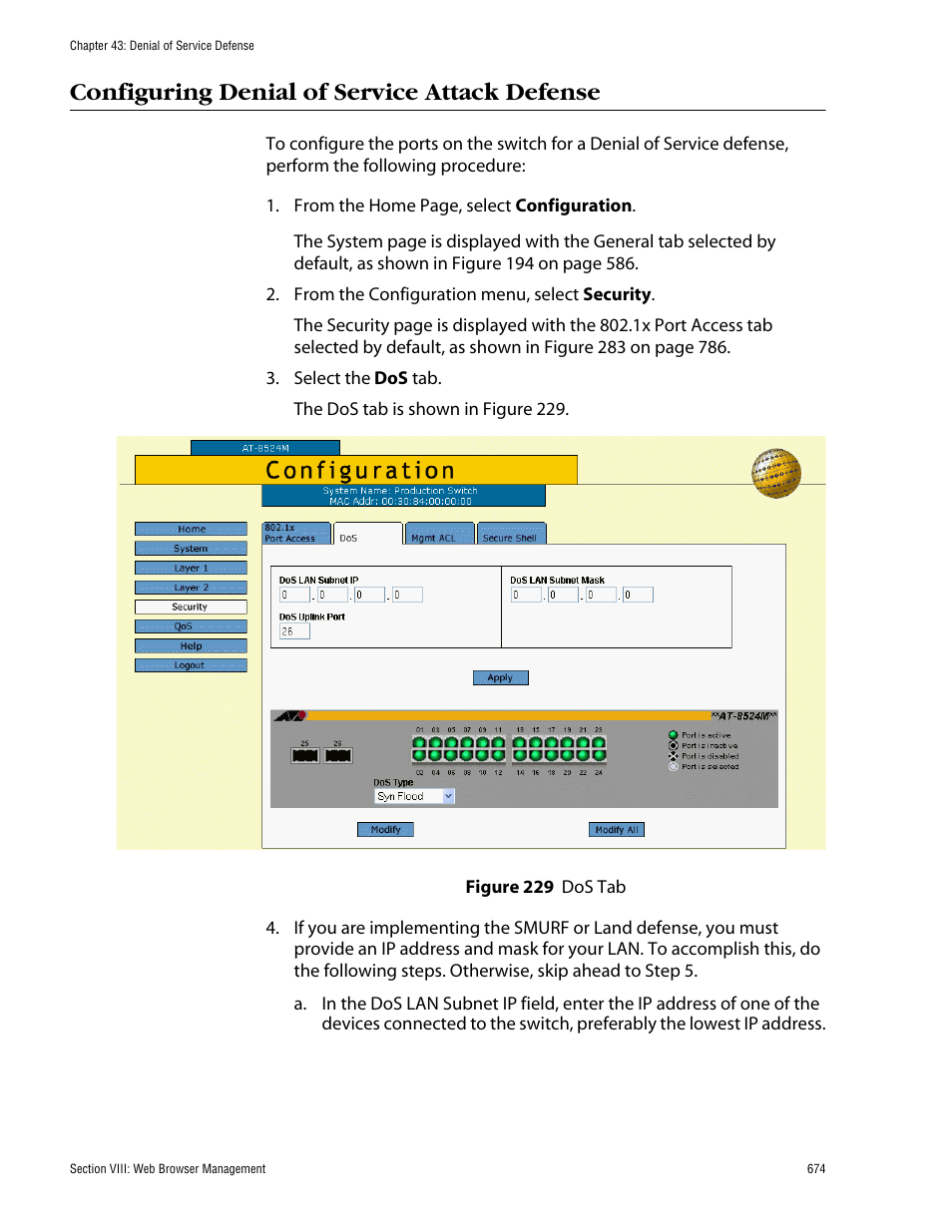 Configuring denial of service attack defense, Figure 229: dos tab | Allied Telesis AT-S62 User Manual | Page 674 / 862