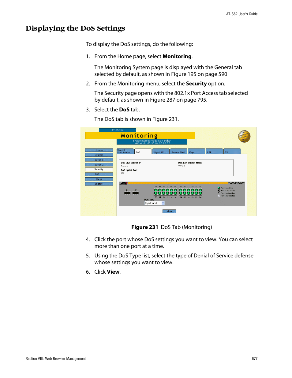 Displaying the dos settings, Figure 231: dos tab (monitoring) | Allied Telesis AT-S62 User Manual | Page 677 / 862
