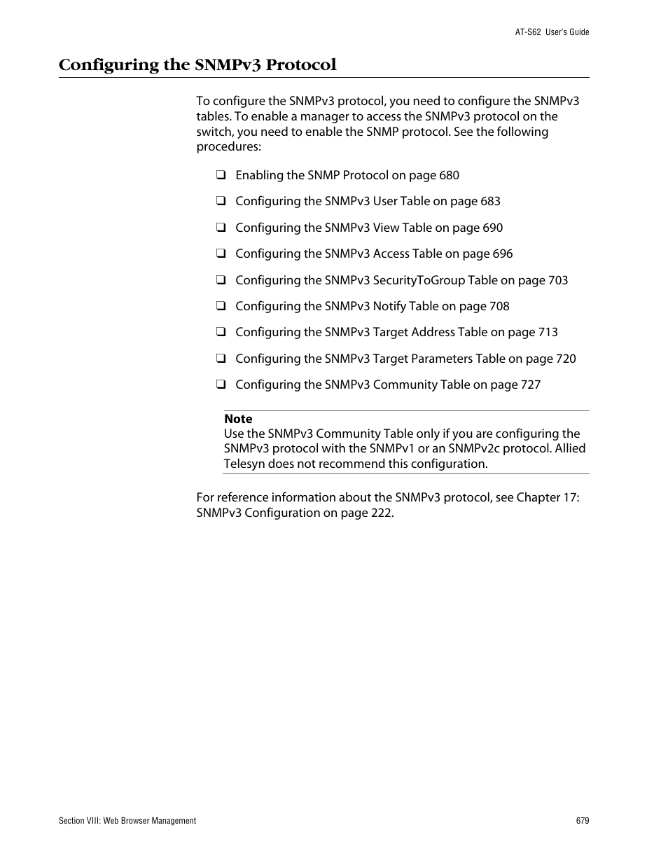 Configuring the snmpv3 protocol | Allied Telesis AT-S62 User Manual | Page 679 / 862