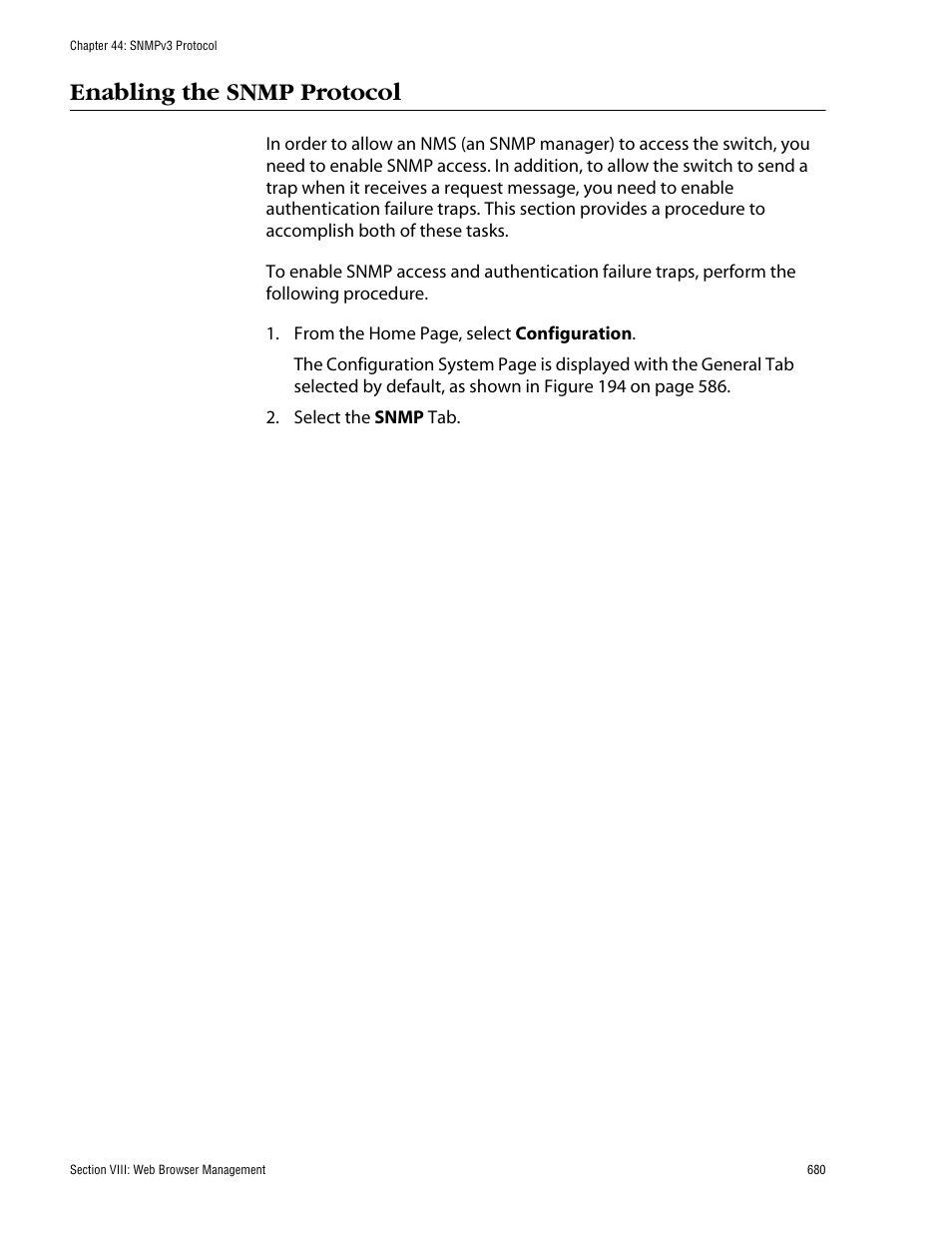 Enabling the snmp protocol | Allied Telesis AT-S62 User Manual | Page 680 / 862