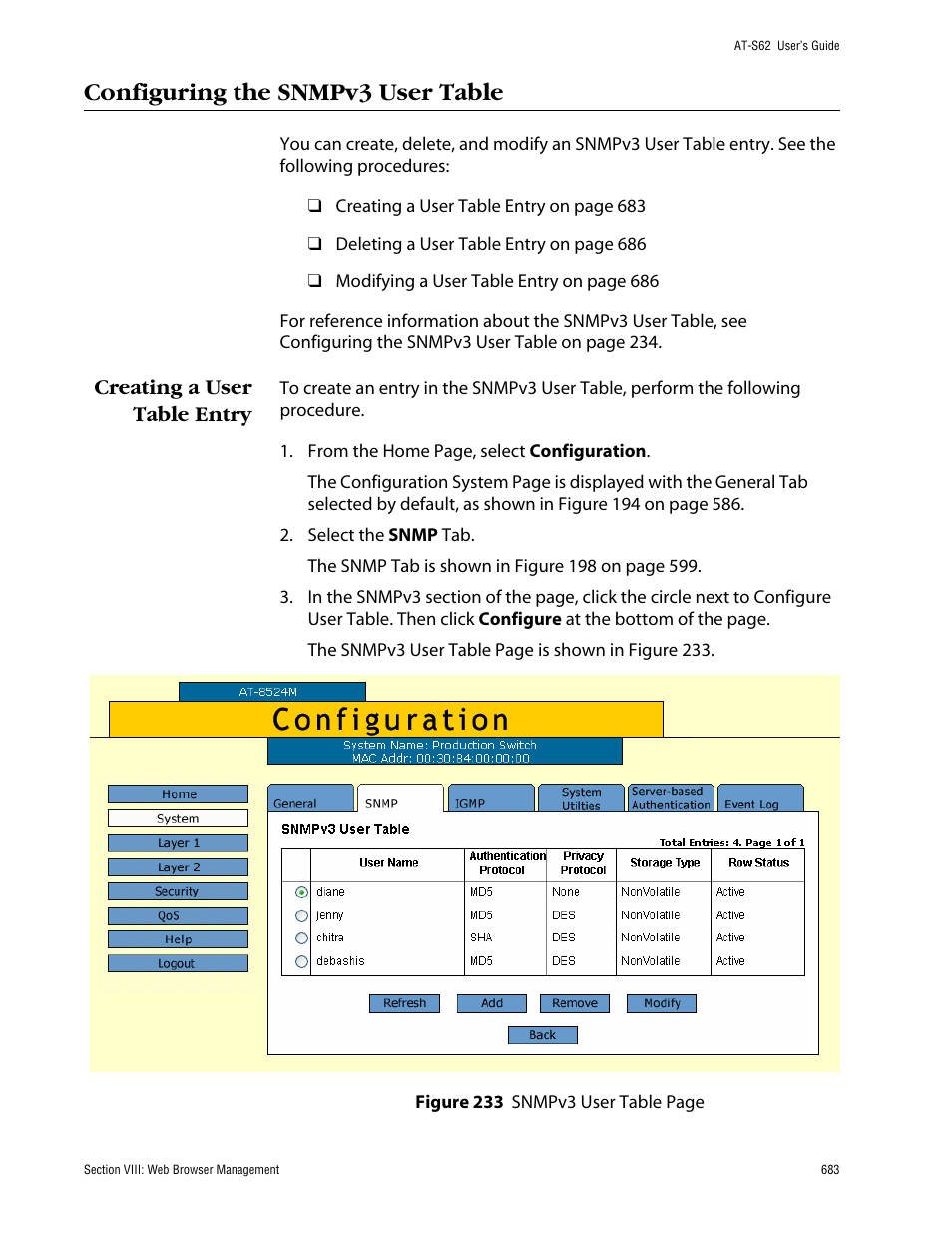 Configuring the snmpv3 user table, Creating a user table entry | Allied Telesis AT-S62 User Manual | Page 683 / 862
