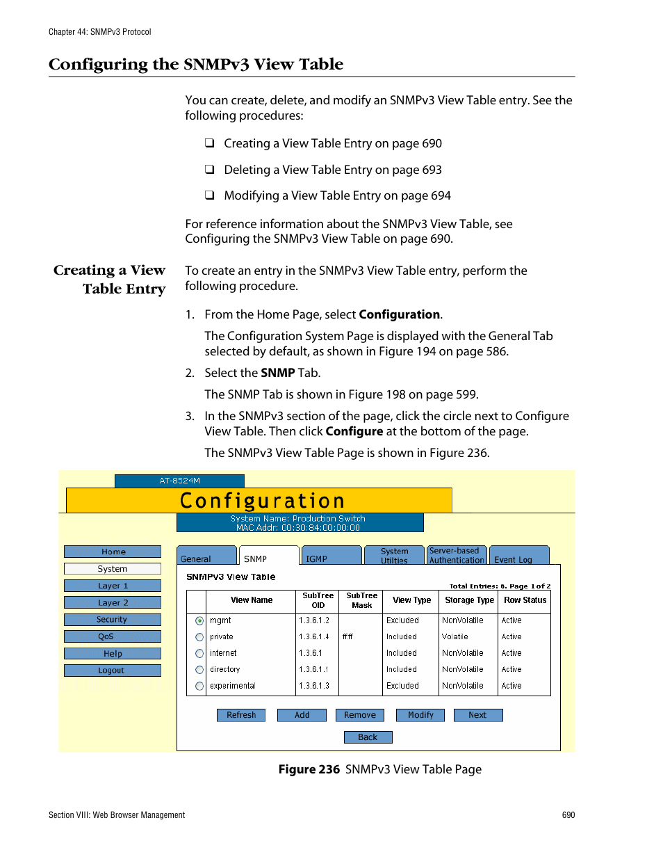 Configuring the snmpv3 view table, Creating a view table entry | Allied Telesis AT-S62 User Manual | Page 690 / 862