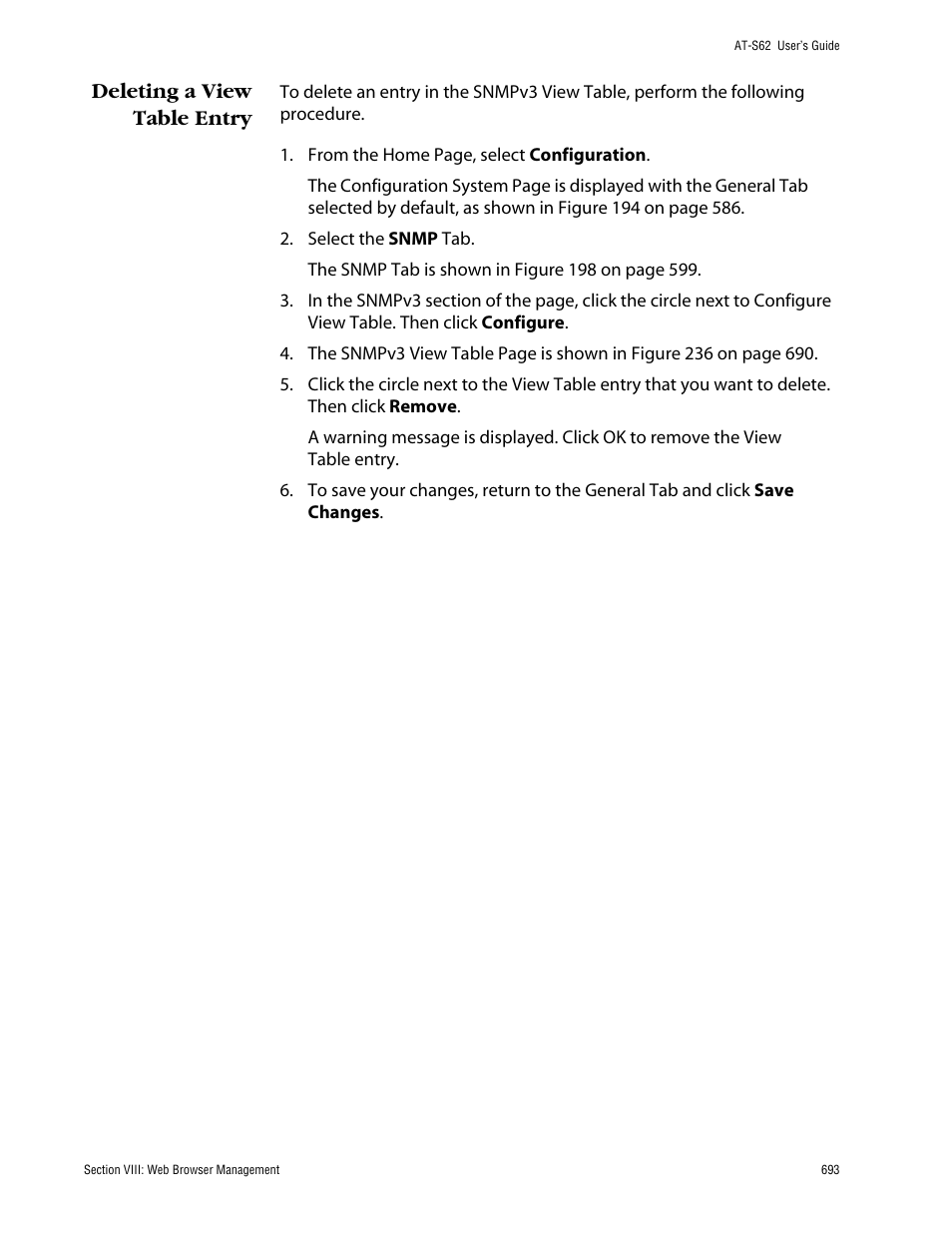 Deleting a view table entry | Allied Telesis AT-S62 User Manual | Page 693 / 862