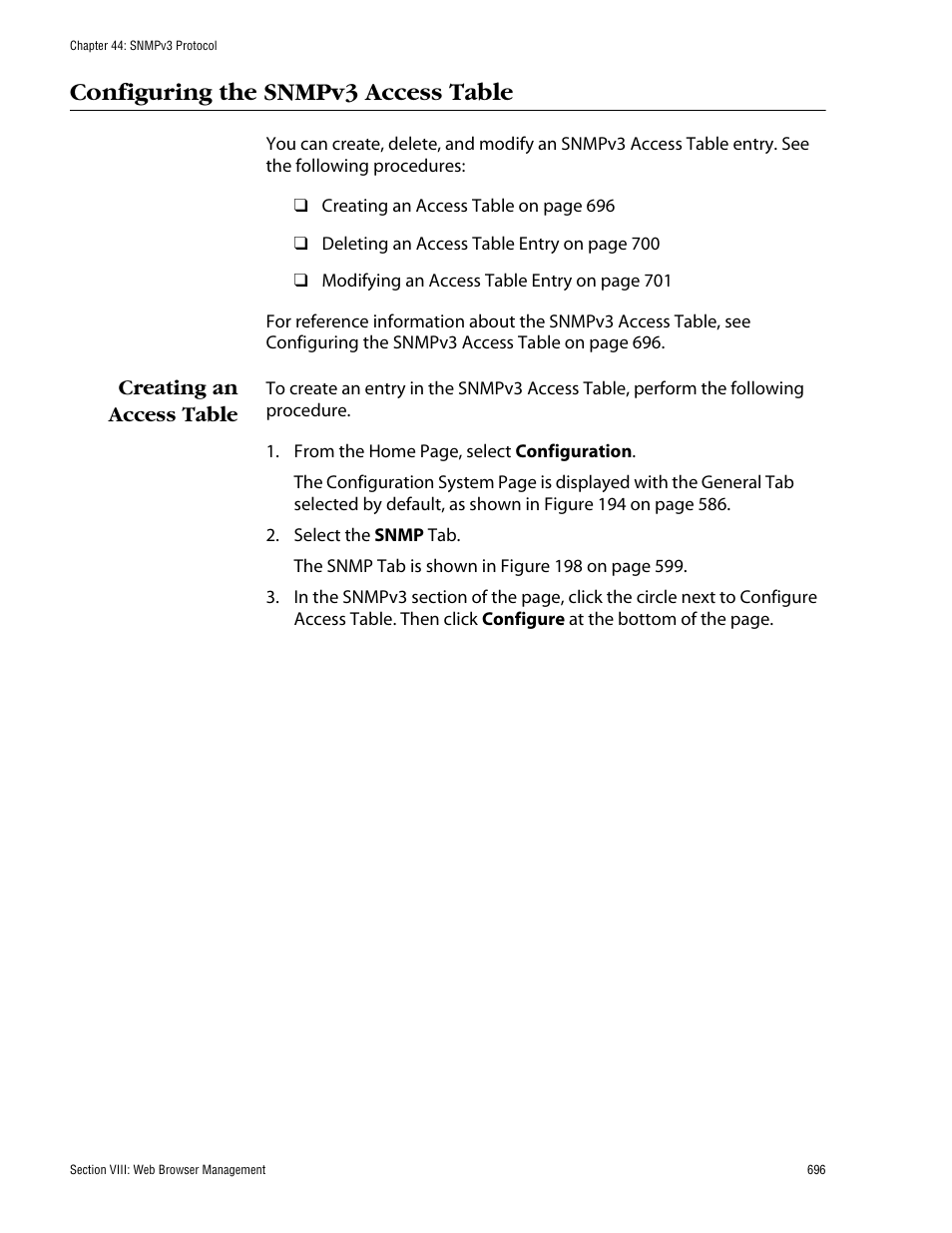 Configuring the snmpv3 access table, Creating an access table | Allied Telesis AT-S62 User Manual | Page 696 / 862