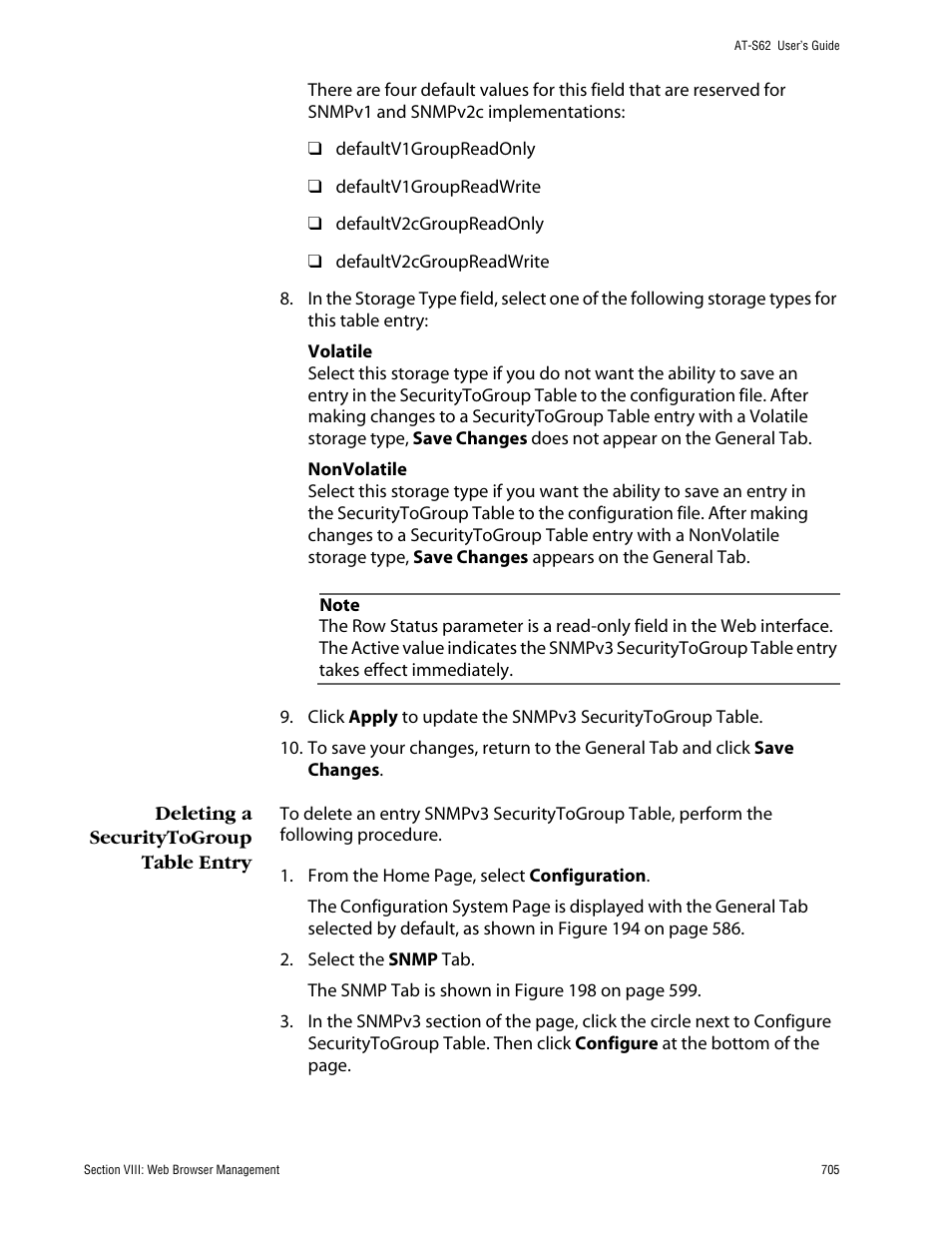 Deleting a securitytogroup table entry | Allied Telesis AT-S62 User Manual | Page 705 / 862