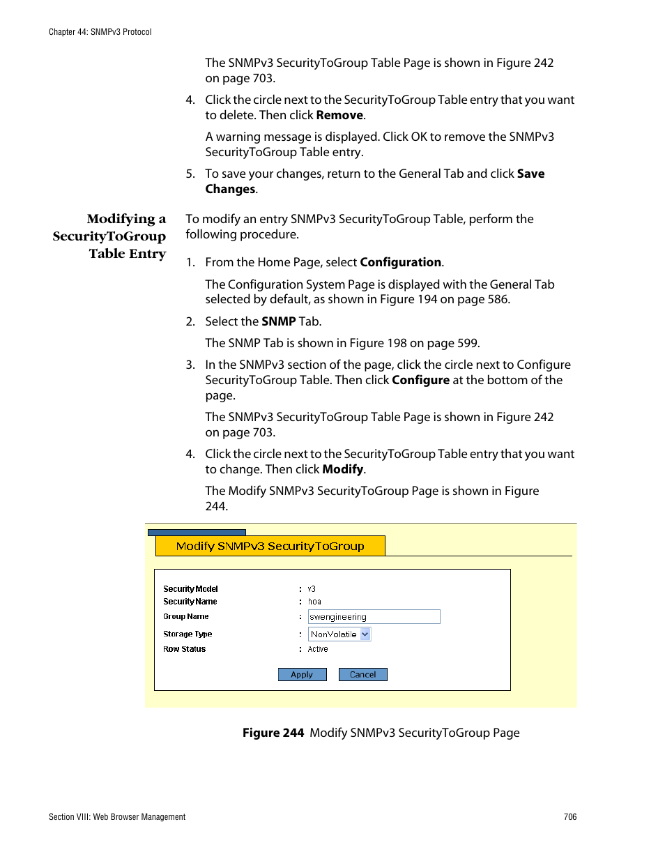 Modifying a securitytogroup table entry | Allied Telesis AT-S62 User Manual | Page 706 / 862