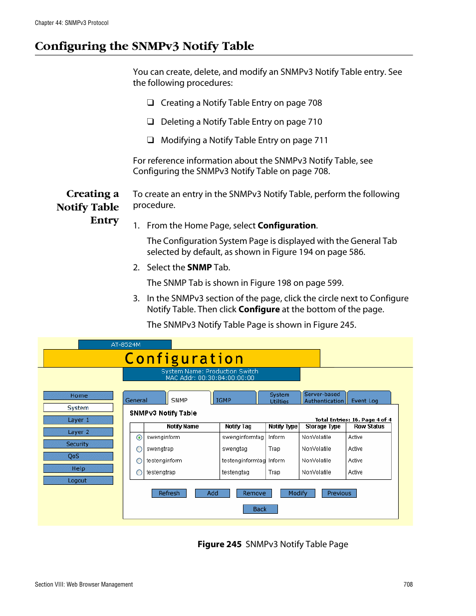 Configuring the snmpv3 notify table, Creating a notify table entry | Allied Telesis AT-S62 User Manual | Page 708 / 862