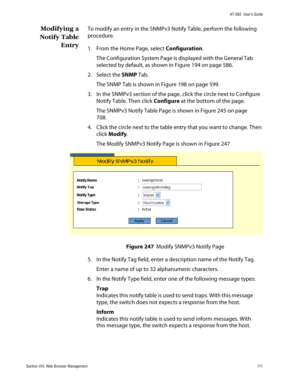 Modifying a notify table entry | Allied Telesis AT-S62 User Manual | Page 711 / 862