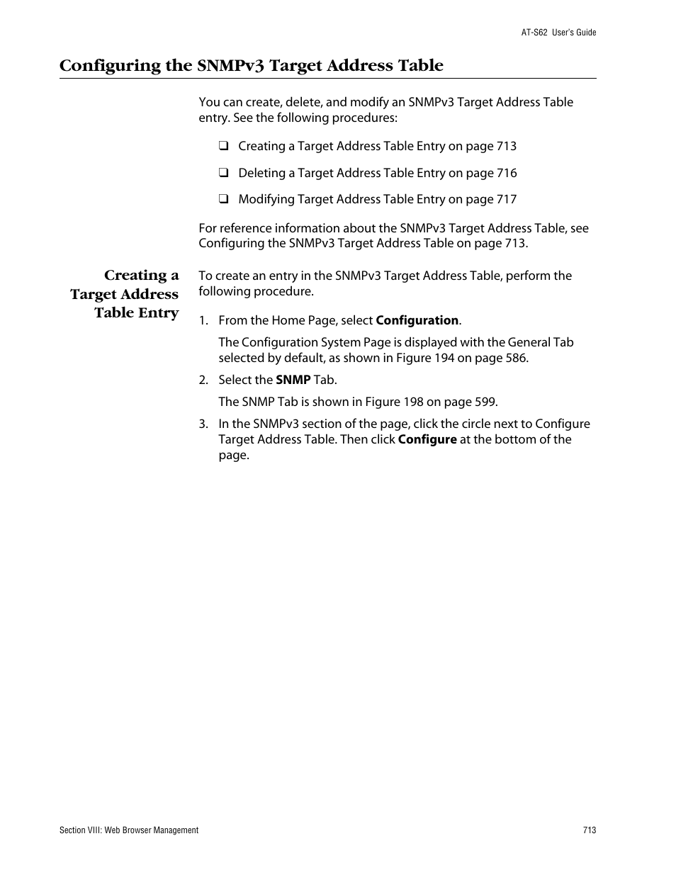 Configuring the snmpv3 target address table, Creating a target address table entry | Allied Telesis AT-S62 User Manual | Page 713 / 862