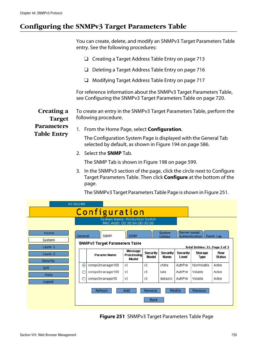 Configuring the snmpv3 target parameters table, Creating a target parameters table entry | Allied Telesis AT-S62 User Manual | Page 720 / 862