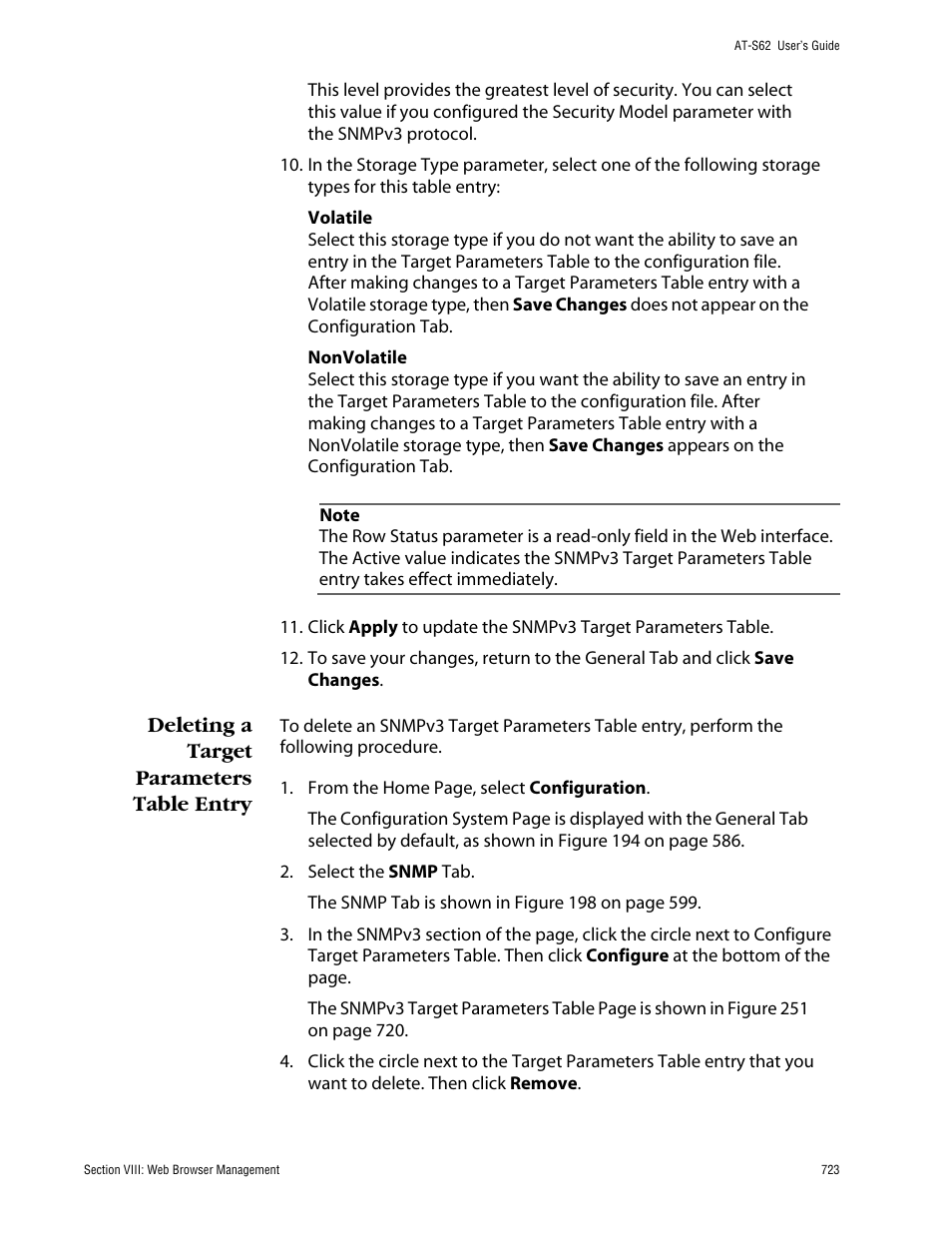 Deleting a target parameters table entry | Allied Telesis AT-S62 User Manual | Page 723 / 862