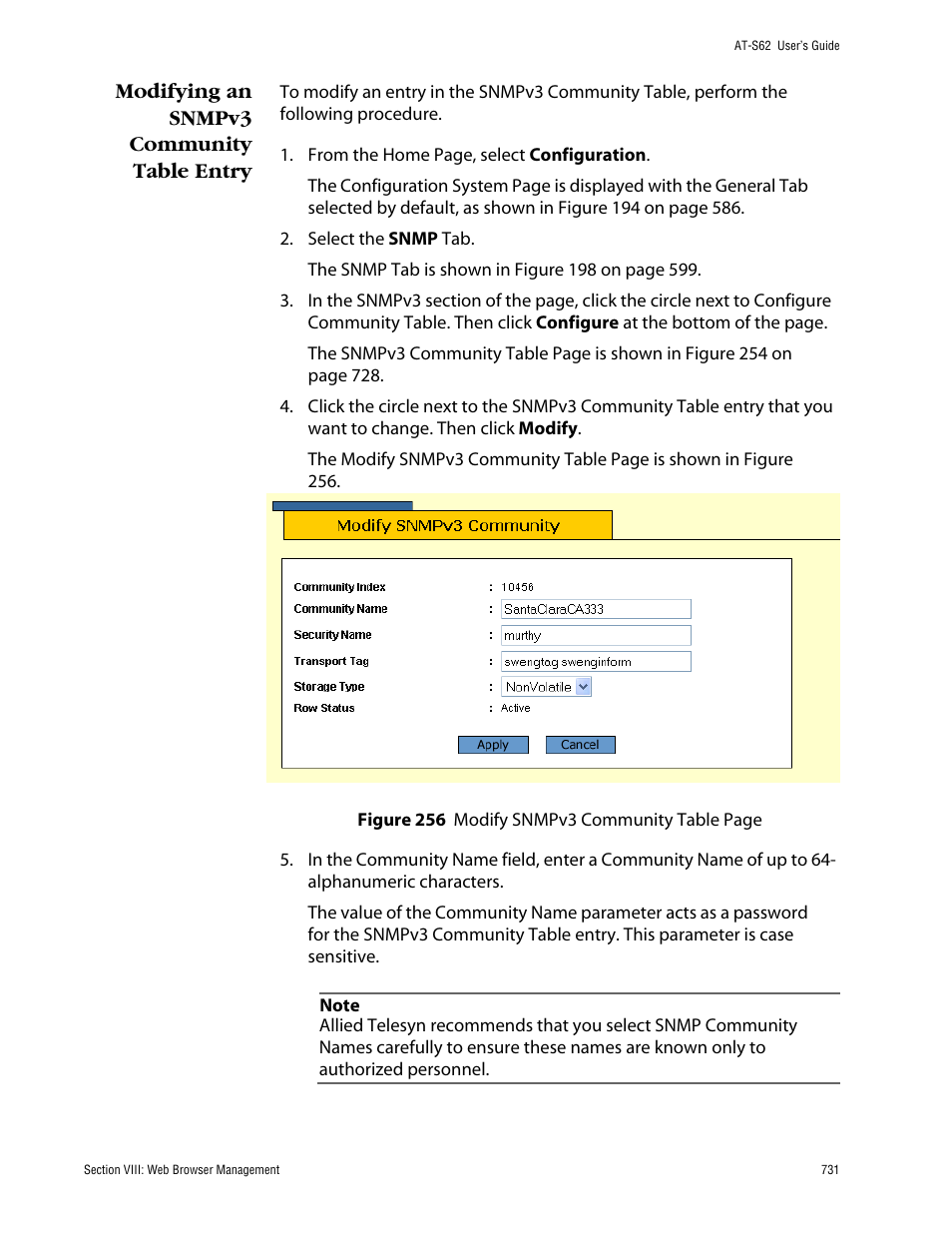 Modifying an snmpv3 community table entry | Allied Telesis AT-S62 User Manual | Page 731 / 862