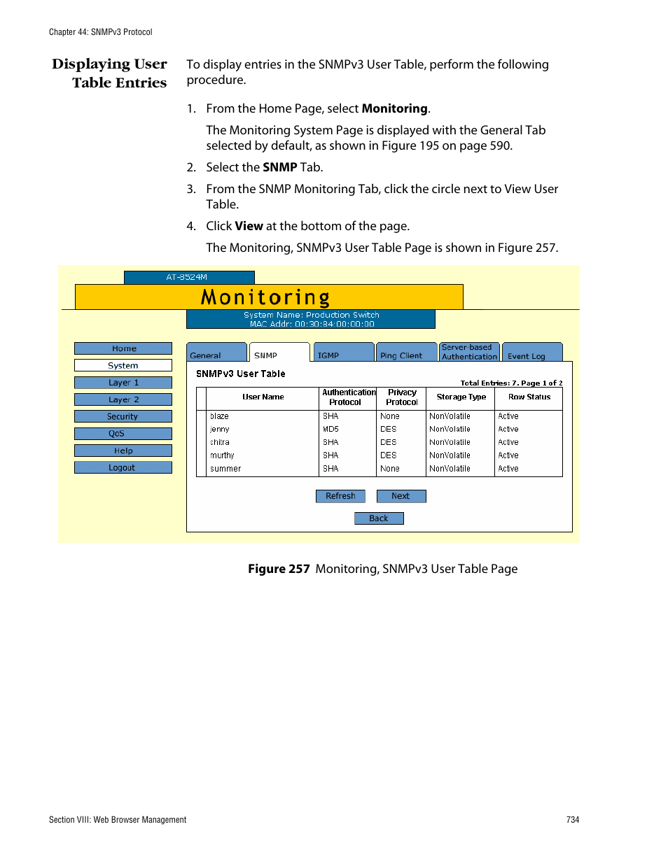 Displaying user table entries | Allied Telesis AT-S62 User Manual | Page 734 / 862