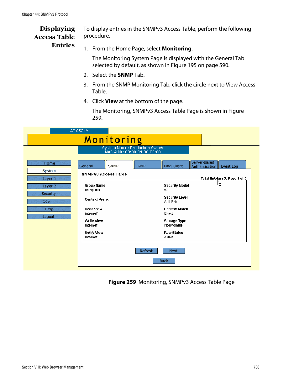 Displaying access table entries | Allied Telesis AT-S62 User Manual | Page 736 / 862