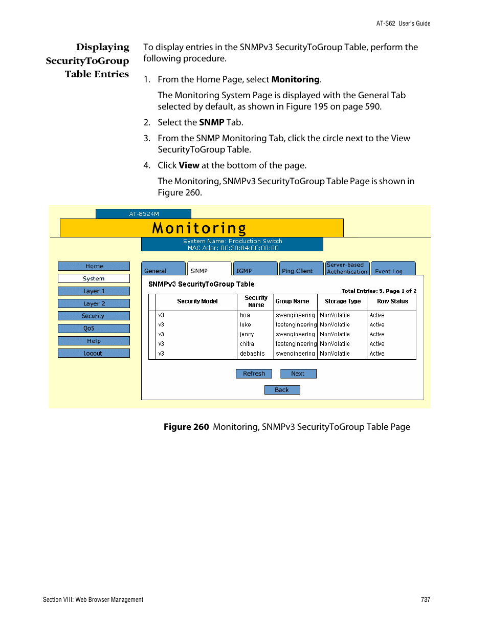 Displaying securitytogroup table entries | Allied Telesis AT-S62 User Manual | Page 737 / 862