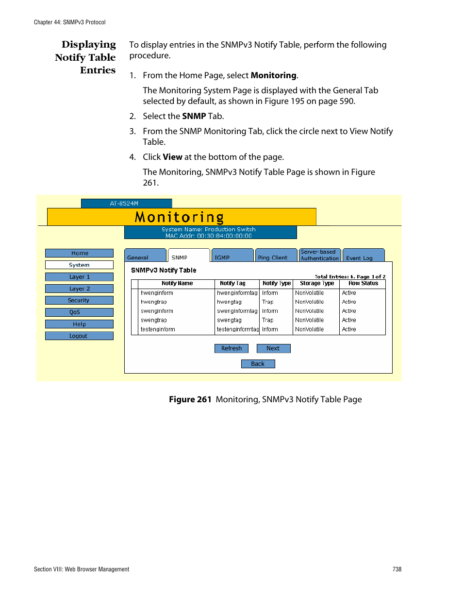 Displaying notify table entries | Allied Telesis AT-S62 User Manual | Page 738 / 862