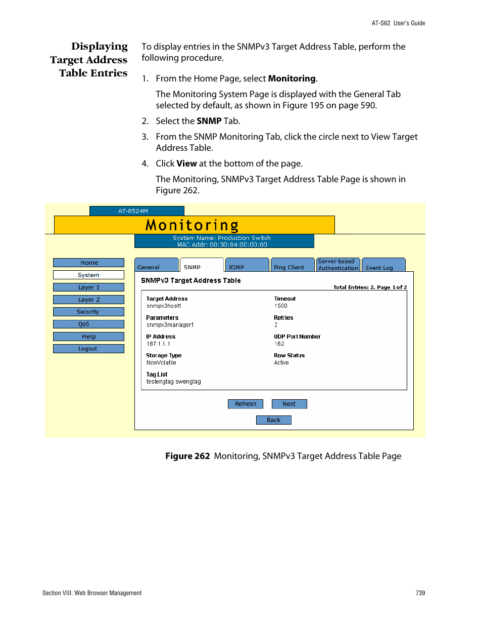 Displaying target address table entries | Allied Telesis AT-S62 User Manual | Page 739 / 862