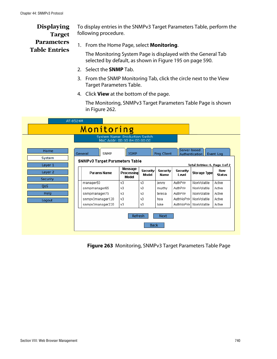 Displaying target parameters table entries | Allied Telesis AT-S62 User Manual | Page 740 / 862