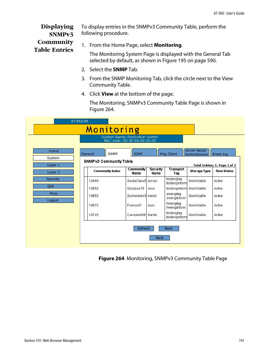Displaying snmpv3 community table entries | Allied Telesis AT-S62 User Manual | Page 741 / 862