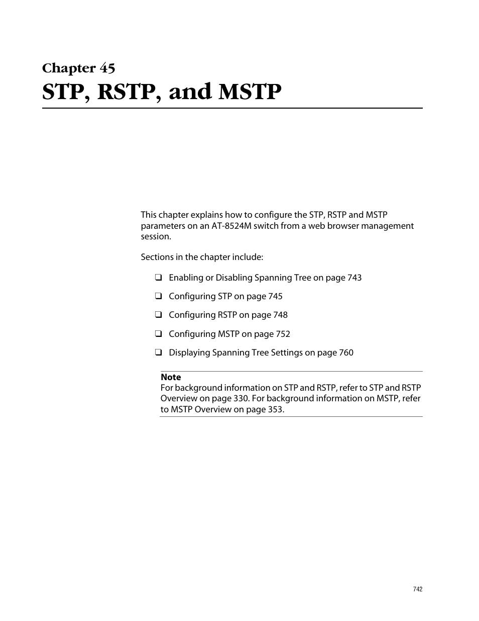 Chapter 45, Stp, rstp, and mstp, Chapter 45 stp, rstp, and mstp | Allied Telesis AT-S62 User Manual | Page 742 / 862
